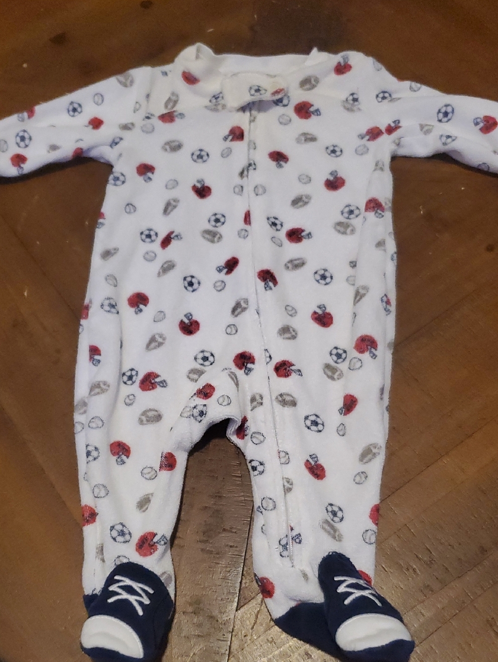 🐻 Carter's White Footed One-Piece with Red and Navy Sports Icons